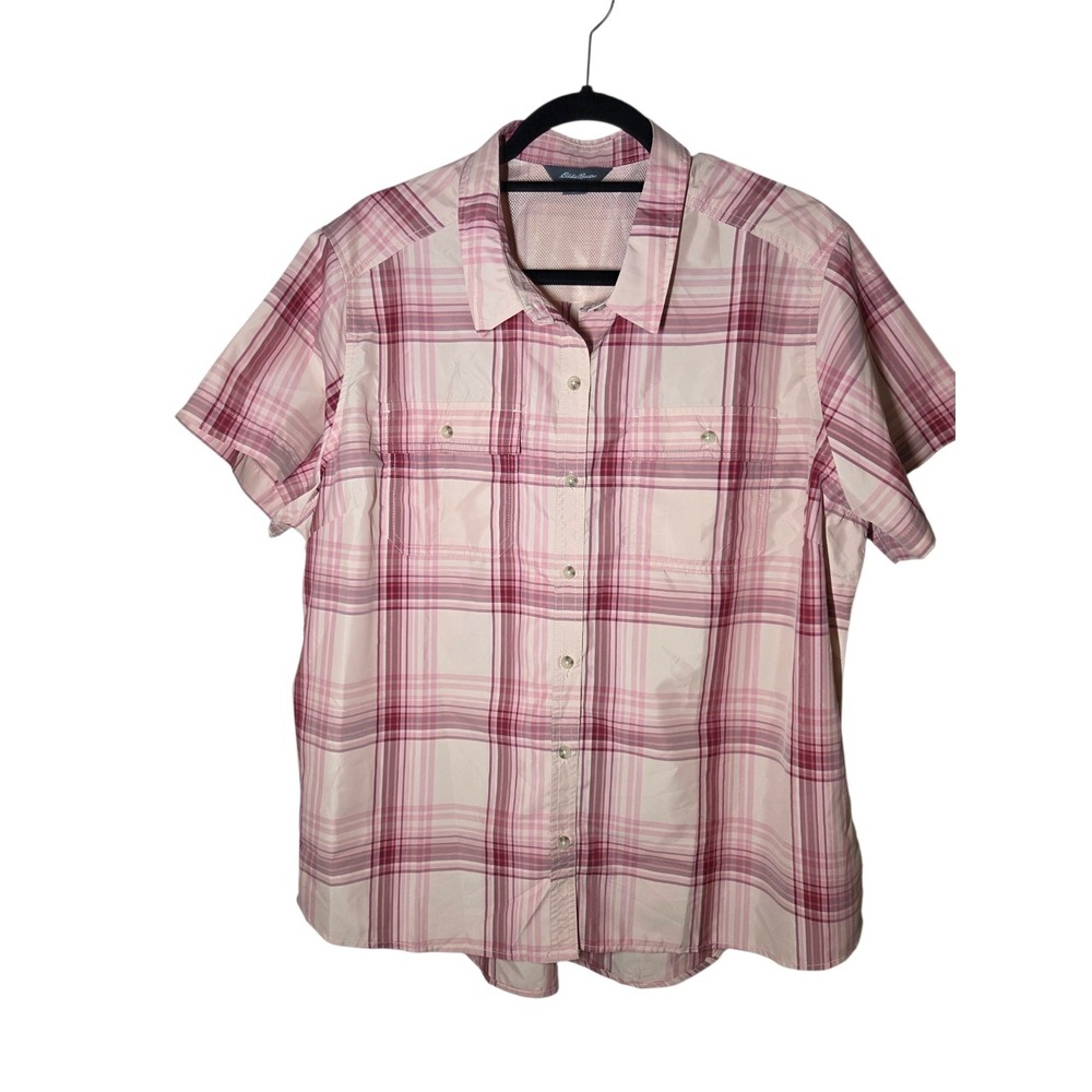 Eddie Bauer Pink Plaid Women's SS‎ Button-Up Outdoor Top W Pockets XXL